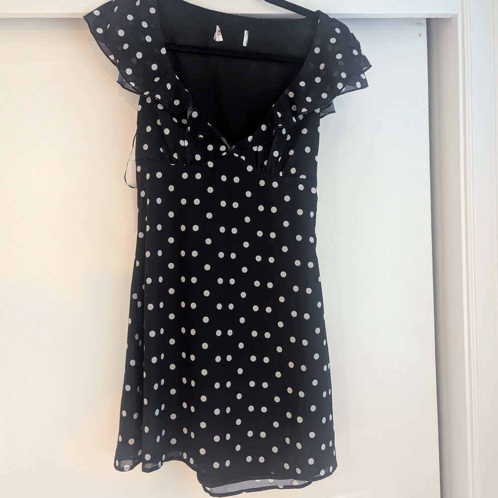 Princess Polly Black and White Polka Dot Ruffle V-Neck Mini Dress